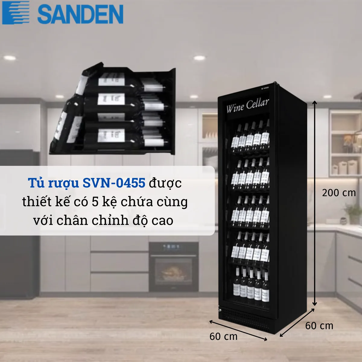 Tủ rượu vang Sanden 455L SVN-0455 – thông số, kích thước