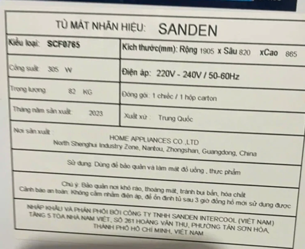 Tem nhập khẩu tủ đông Sanden SCF-0765 ghi xuất xứ Trung Quốc, sản xuất năm 2023